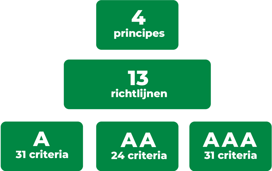 4 principes. 13 richtlijnen. 31 criteria level a. 24 criteria level aa. 31 criteria level aaa