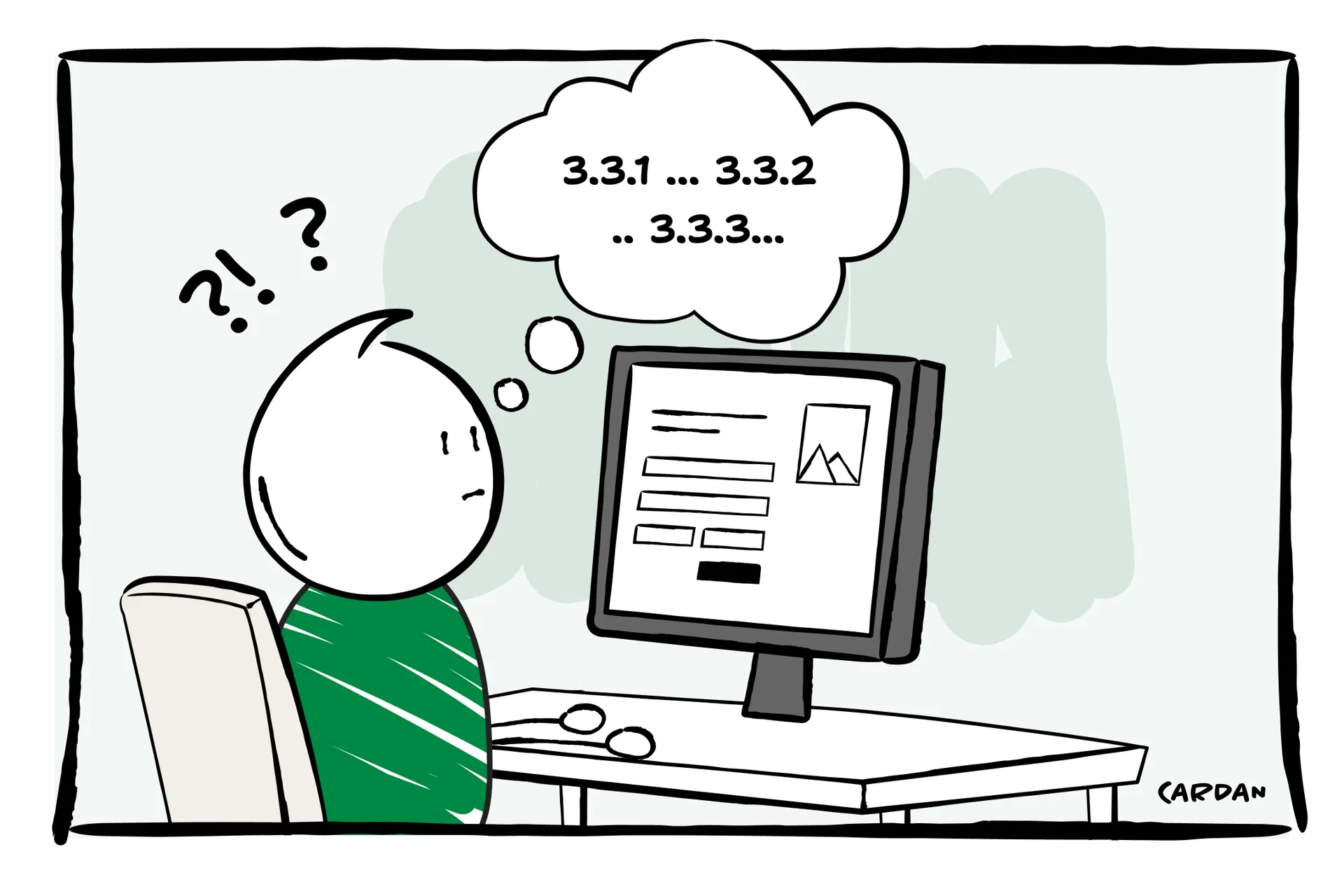 Groen mannetje van Cardan kijkt verdwaalt naar zijn computerscherm