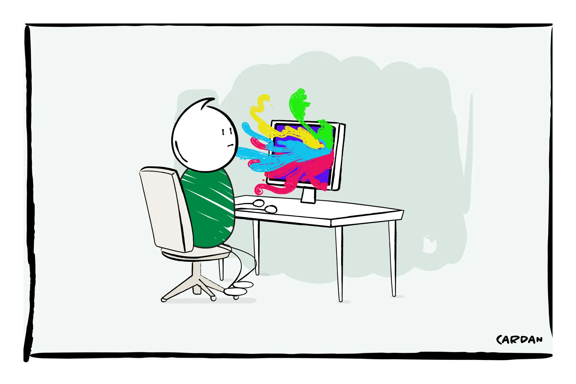 Cardan cartoon zit achter computer waar verschillende kleuren uitspatten