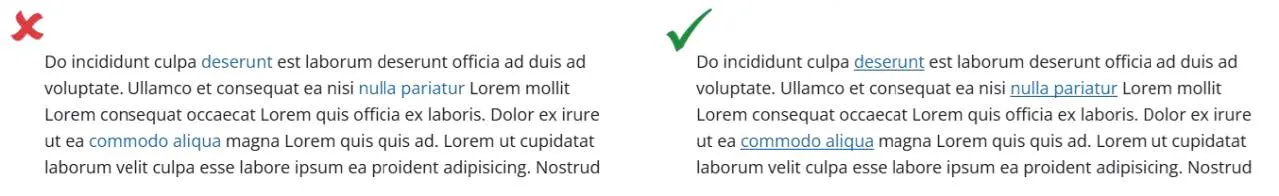 Plaatje van ontoegankelijke links in lopende tekst die alleen door een blauwe kleur zijn te onderscheiden van de omliggende tekst en van toegankelijke links in lopende tekst die naast kleur ook onderstreept zijn