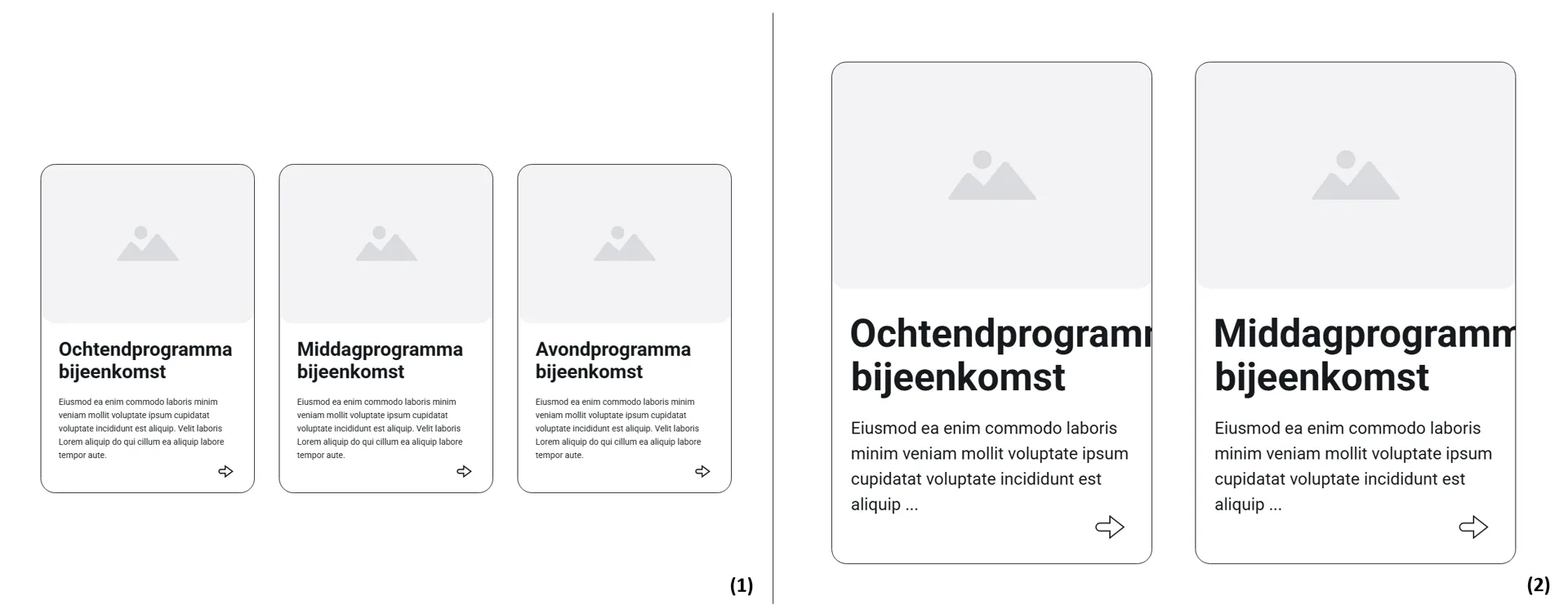 (1) standaardweergave van drie artikelen (100% zoom), (2) herschaalde weergave (200% zoom) met verlies van content: één artikel is niet meer beschikbaar, de kop van een artikel valt deels buiten het vak, de tekst bij het artikel wordt afgebroken.