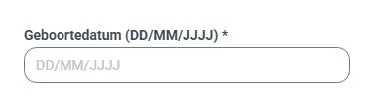 Invoerveld voor geboortedatum met een zichtbaar label "Geboortedatum (DD/MM/JJJJ)" en een placeholdertekst "DD/MM/JJJJ"
