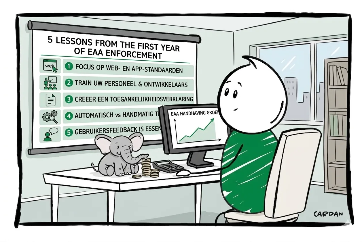 Het groene mannetje van Cardan zit achter een bureau en kijkt naar een slideshow van de 5 lessen van het eerste jaar EAA