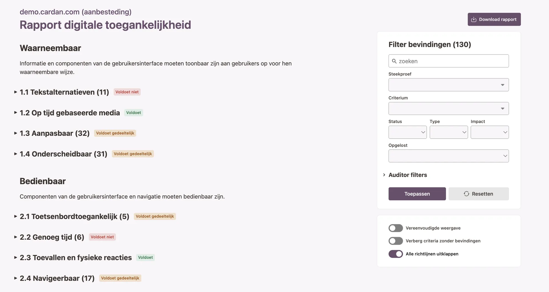 Voorbeeld rapport in Cardan Auditor