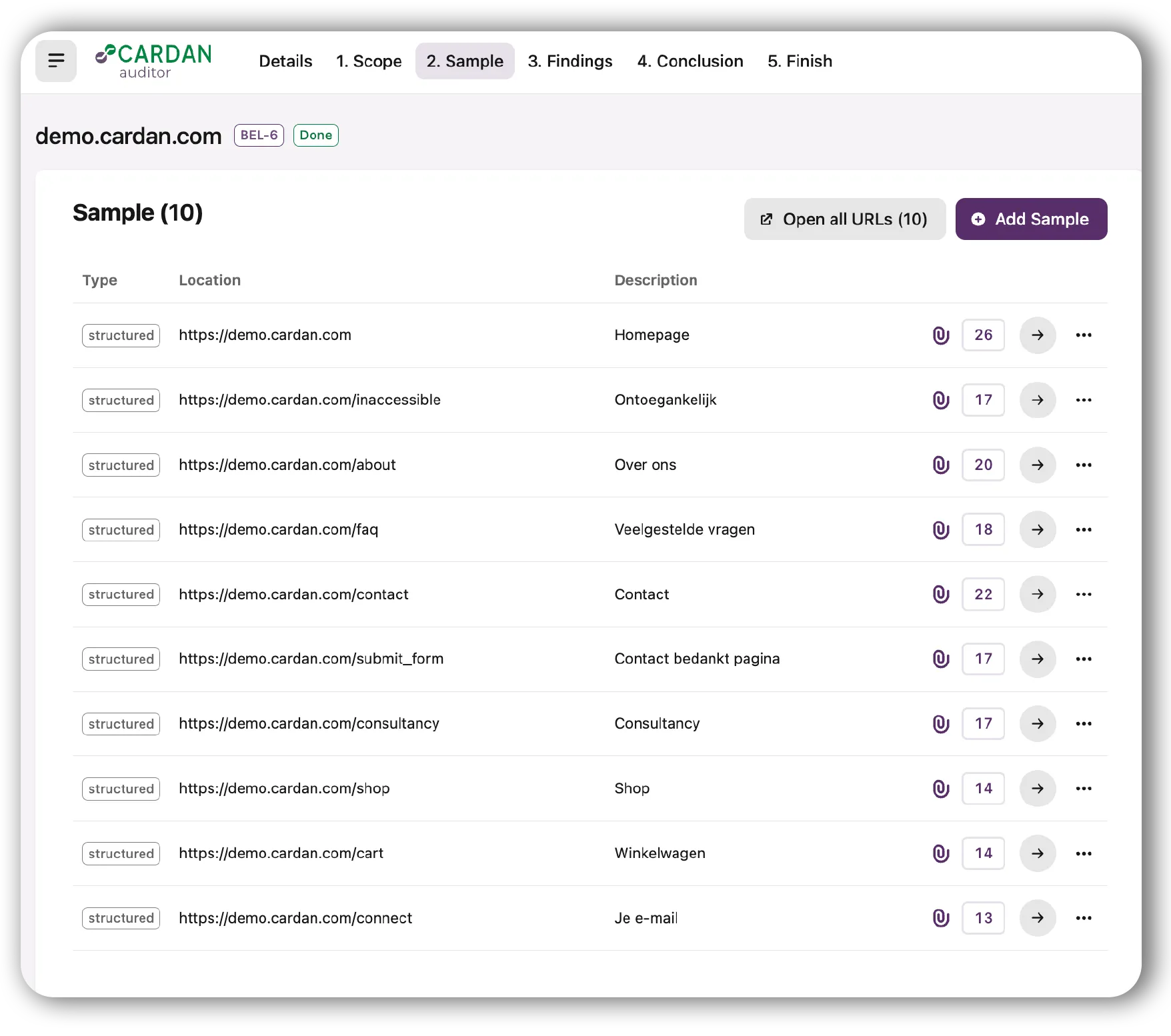 A list of url's of the website of demo.cardan.com