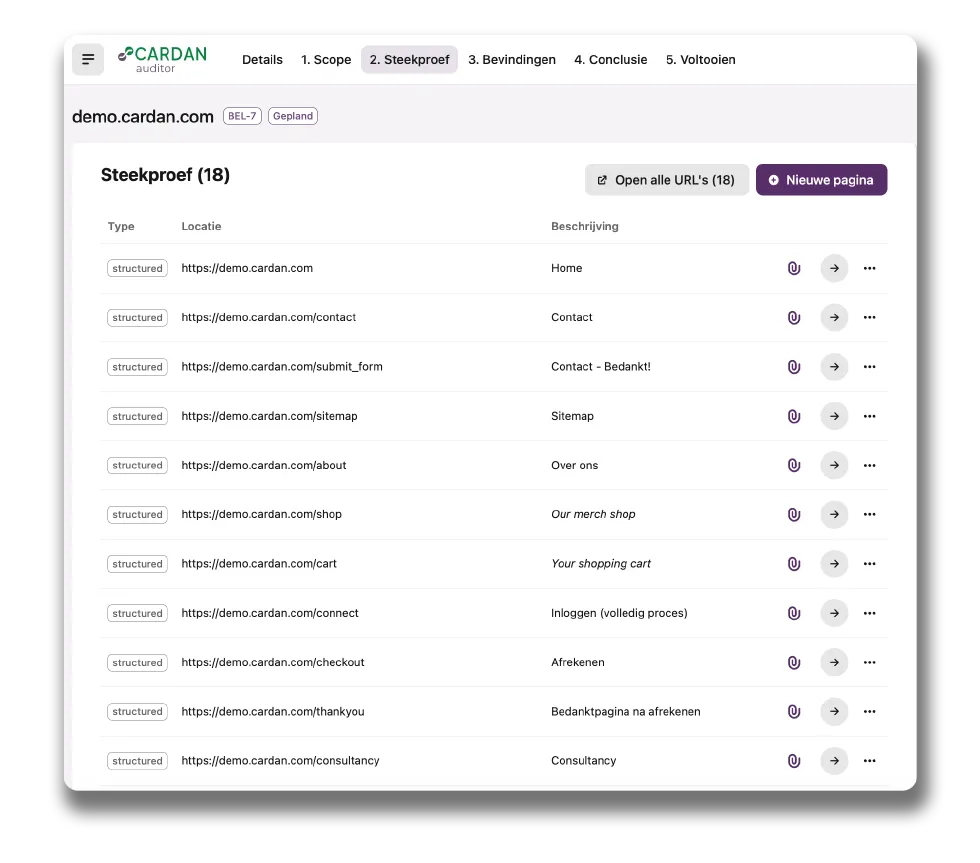 Een mock-up van Cardan auditor met daarin een lijst met pagina url's