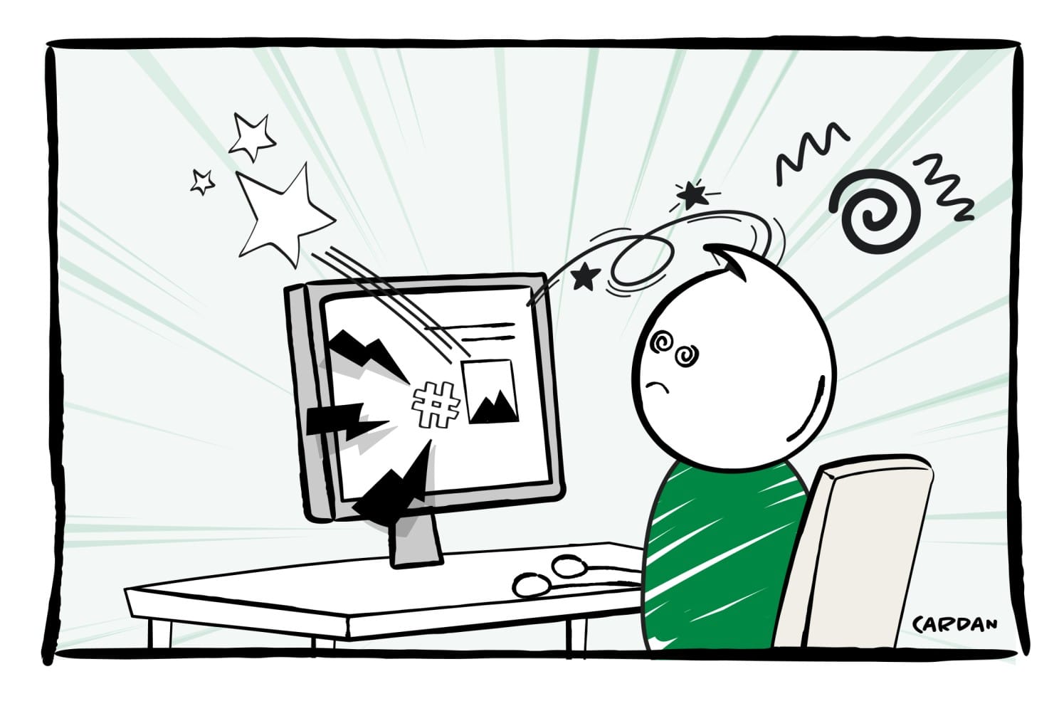 Cardan poppetje zit achter scherm met flitsende beelden