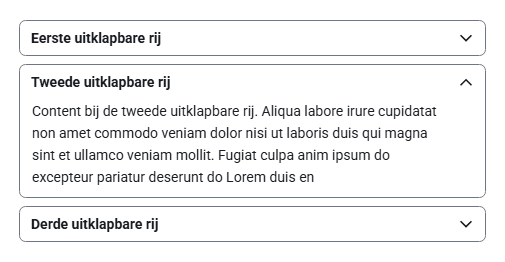 Accordion met 3 rijen waarvan rij 2 is uitgeklapt. De content is fictief.