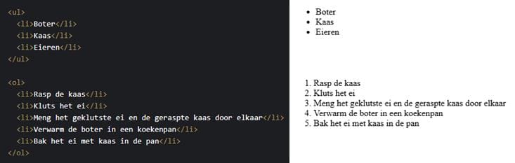 Codevoorbeeld van een ongeordende lijst (ul-element met 3 li-elementen) en een geordende lijst (ol-element met 5 li-elementen).