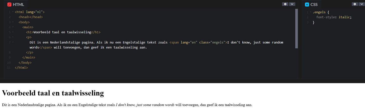 Screenshot van een codevoorbeeld waarin de hoofdtaal van de pagina is ingesteld op Nederlands en in de content een taalwisseling naar het Engels aanwezig is