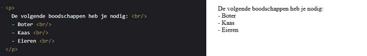 Codevoorbeeld van een visuele lijst die niet op de juiste manier als lijst in de code is opgemaakt.