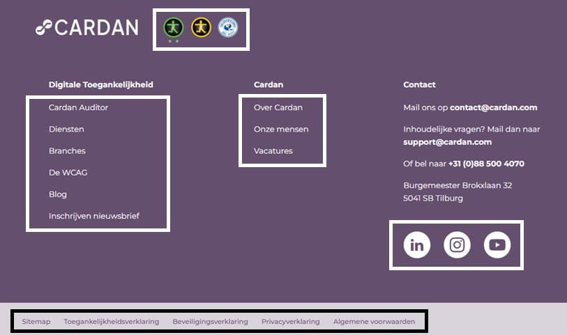 Screenshot van de footer van de website van Cardan waarin componenten zijn aangegeven die als lijsten in de code zijn geplaatst: een lijst met 3 certificaten, een lijst met 6 linkjes onder de kop "Digitale Toegankelijkheid", een lijst met 3 linkjes onder de kop "Cardan", een lijst met 3 sociale media iconen die dienen als link, een lijst met 5 algemene linkjes.