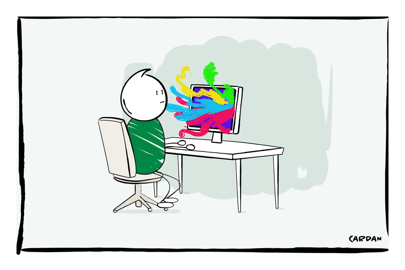 Cardan cartoon zit achter computer waar verschillende kleuren uitspatten