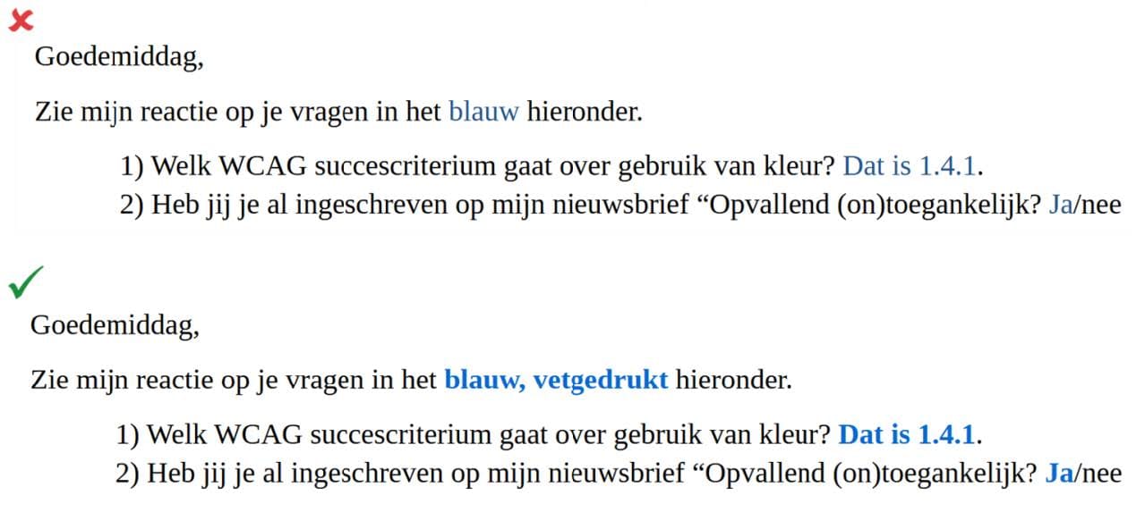 Plaatje van een ontoegankelijke mailreactie waarbij de reacties alleen door kleur van de vragen te onderscheiden zijn en van een toegankelijke mailreactie waarbij de reacties naast kleur ook door middel van vette drukking te onderscheiden zijn