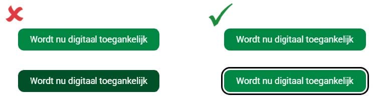 Plaatje van een ontoegankelijke knop die bij toetsenbordfocus alleen van achtergrondkleur verandert met onvoldoende contrastverschil tussen de twee gebruikte kleuren en van een toegankelijke knop die bij toetsenbordfocus een zwarte outline krijgt