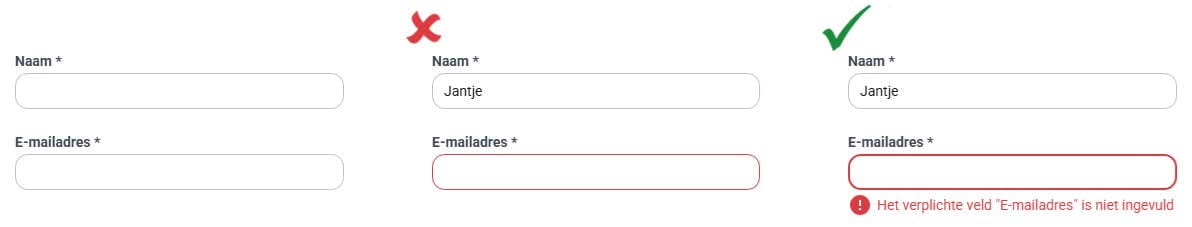 Plaatje van een formulier met twee verplichte invoervelden met een ontoegankelijke foutmelding waarbij alleen de rand van het ongeldige invoerveld een rode kleur krijgt en een toegankelijke foutmelding waarbij het ongeldige invoerveld een dikkere rode rand krijgt, een fouticoon en een goed beschrijvende foutmelding