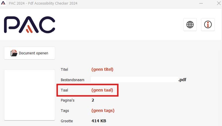 Voorbeeld van de informatie die PAC 2024 toont bij een PDF-document waarvoor geen taal is ingesteld