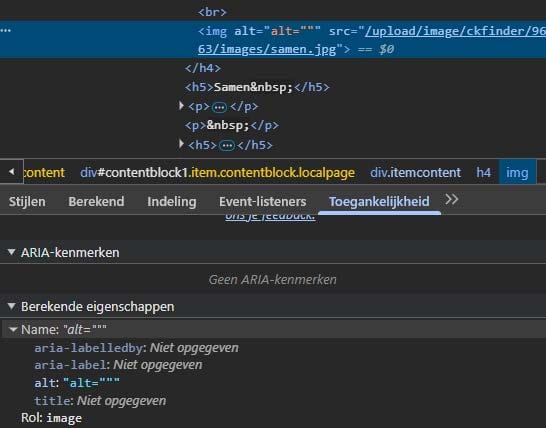 Een afbeelding in een img-element heeft als tekstalternatief 'alt=""' gekregen