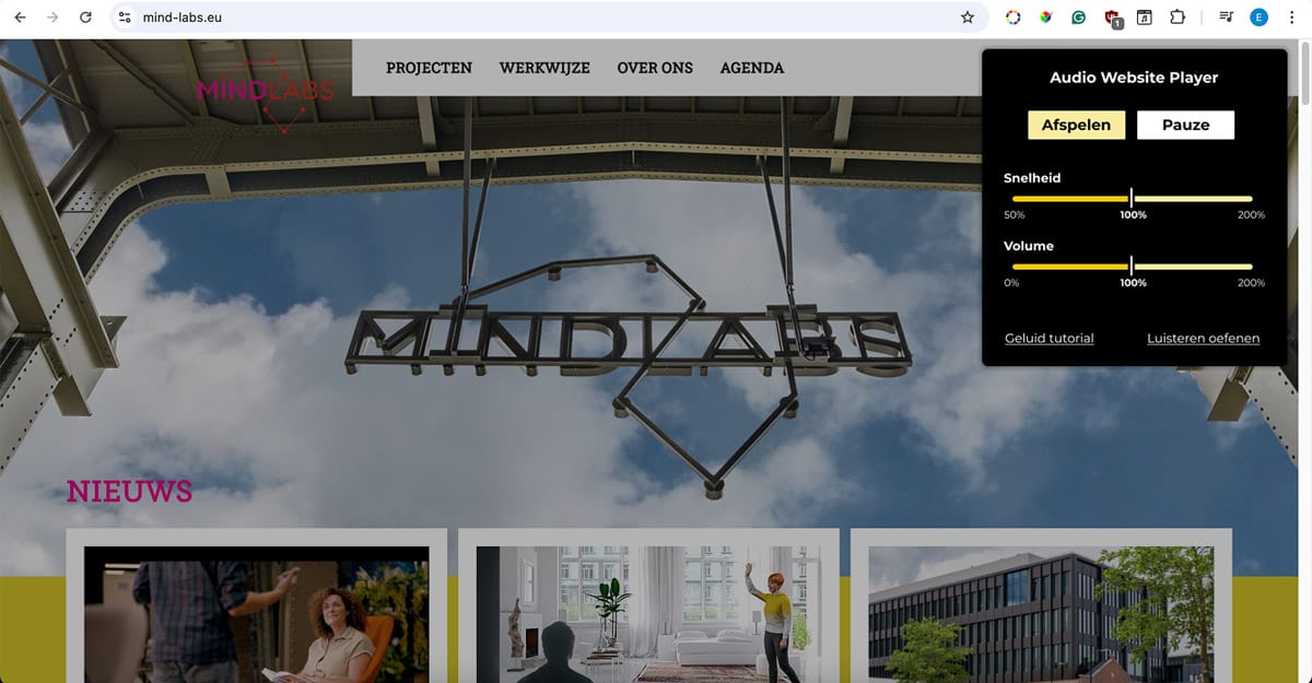 De website van mind-labs met de browser extensie