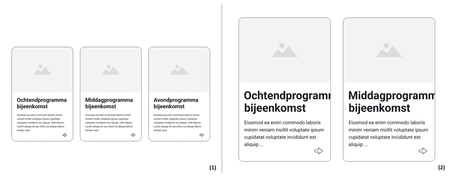(1) standaardweergave van drie artikelen (100% zoom), (2) herschaalde weergave (200% zoom) met verlies van content: één artikel is niet meer beschikbaar, de kop van een artikel valt deels buiten het vak, de tekst bij het artikel wordt afgebroken.
