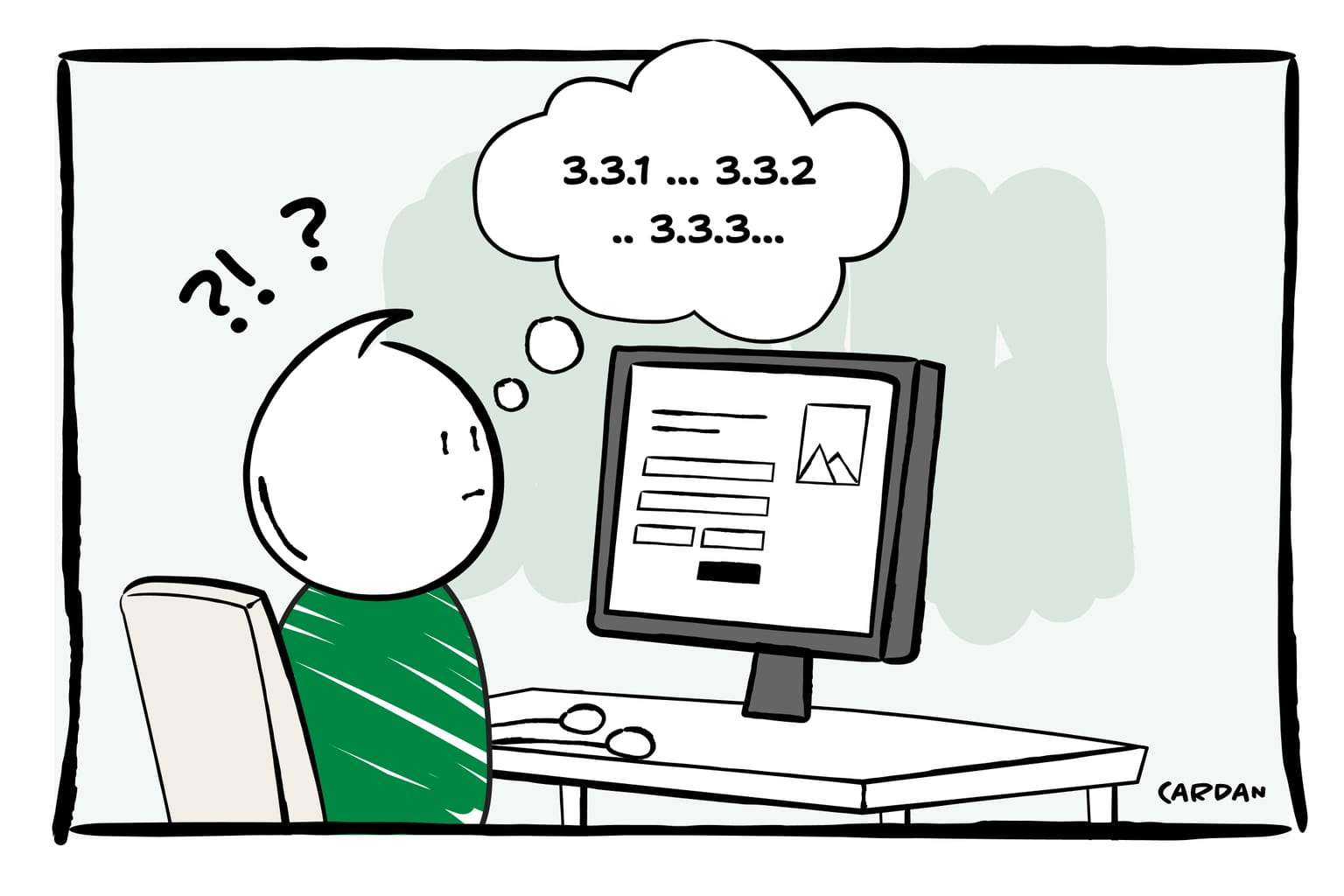 Cartoon poppetje zit achter computer en denkt na over 3.3.1, 3.3.2 en 3.3.3