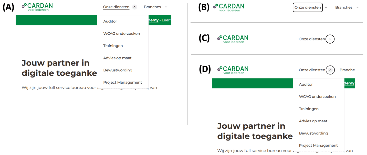 Navigatiemenu website Cardan: (A) submenu "Onze diensten" bij hover (muis), (B) link "Onze diensten" met toetsenbordfocus, (C) knop om het submenu bij "Onze diensten" te openen met toetsenbordfocus, (D) submenu is met toetsenbordbediening geopend.