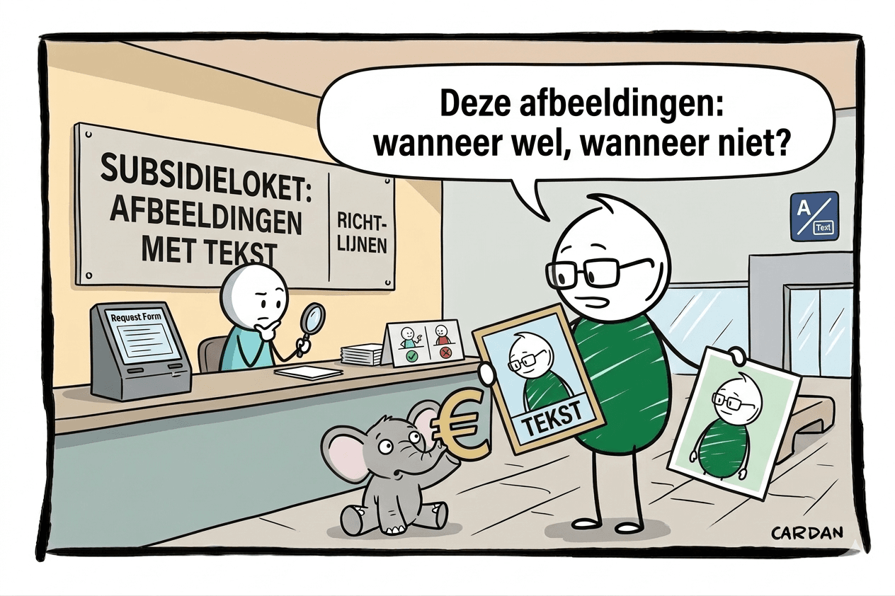 Deze afbeeldingen: wanneer wel, wanneer niet? Het groene mannetje houdt twee afbeeldingen vast, de een met tekst en de ander zonder
