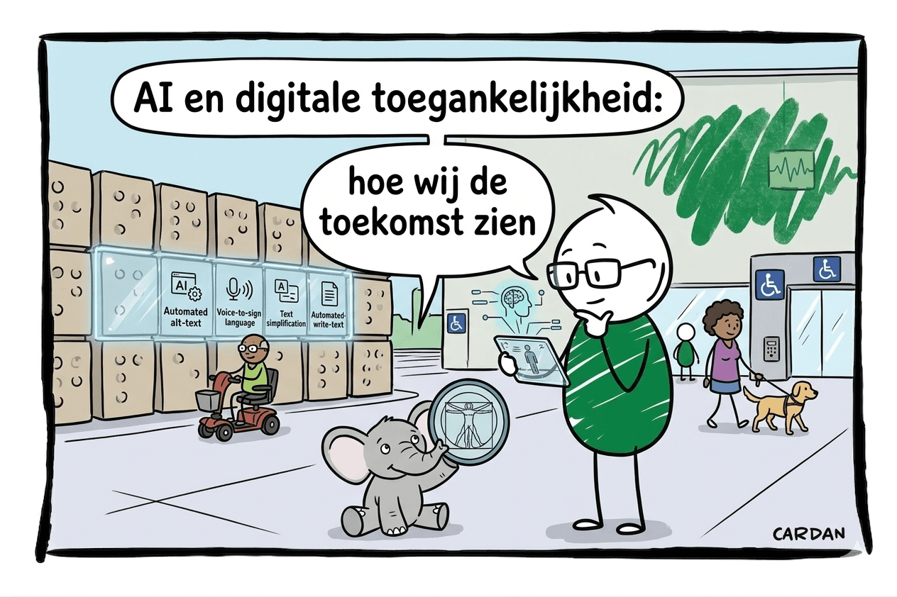 Afbeelding van groene mannetje die nadenkt over de toekomst van digitale toegankelijkheid samen met AI