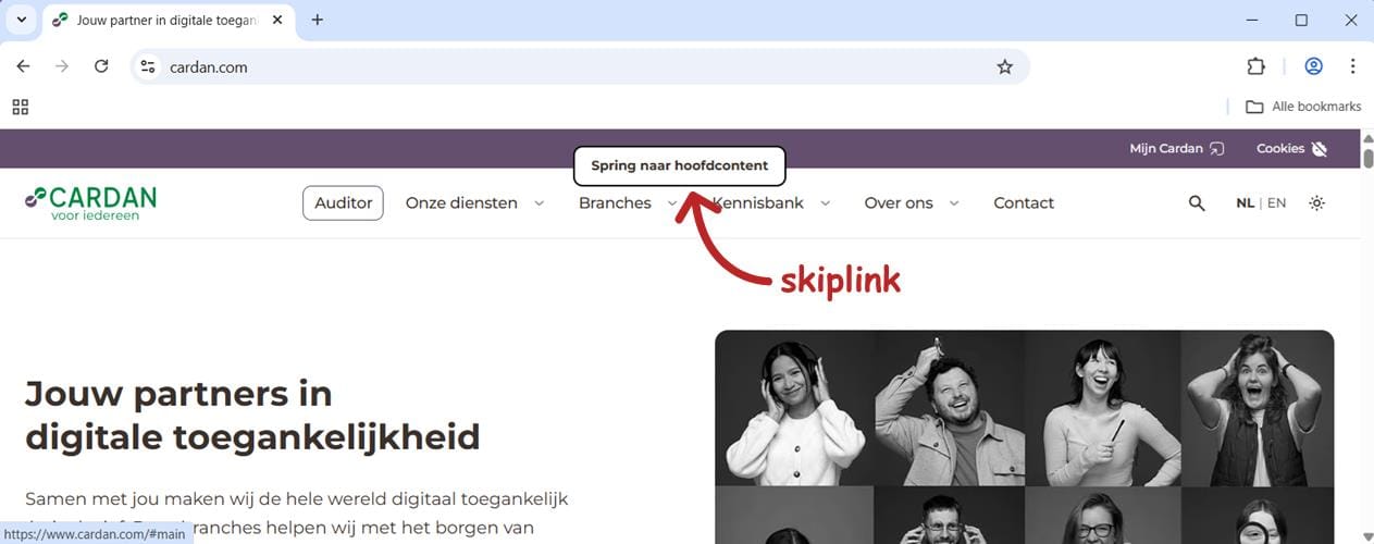 Screenshot van een deel van de homepagina van cardan.com waarbij de skiplink naar de hoofdcontent focus heeft