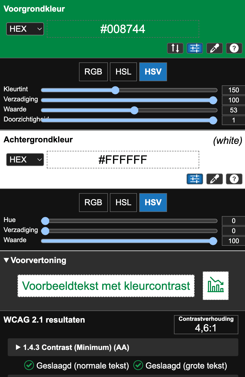 de colour contrast analyzer die de kleuren groen en wit van cardan heeft gemeten