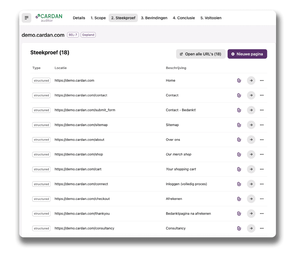 Een mock-up van Cardan auditor met daarin een lijst met pagina url's