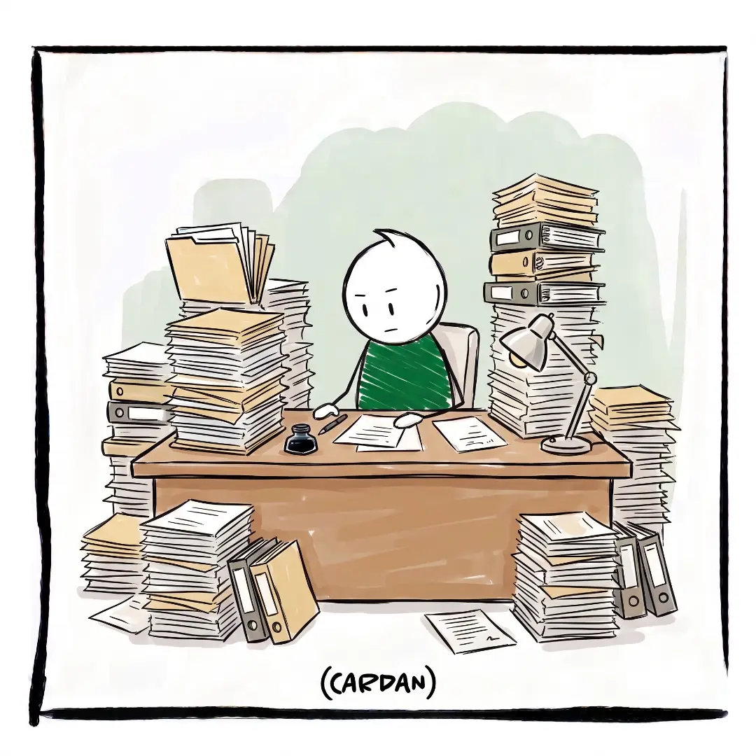 Mannetje zit aan bureau, omringd door documenten