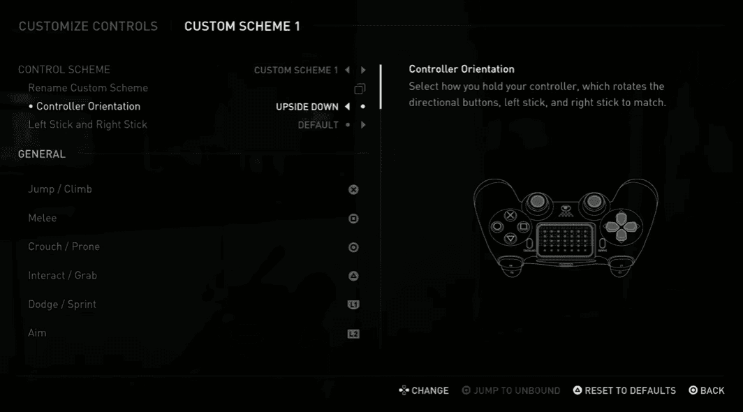 Screenshot uit The Last of Us 2 Game instellingen met gepersonaliseerde controllerindeling