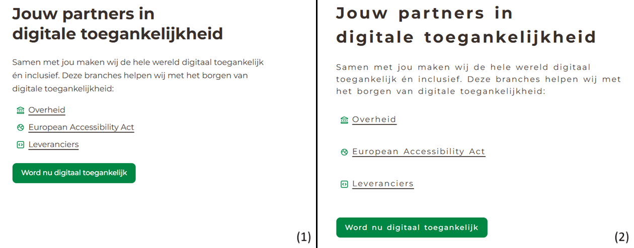 Voorbeeld van een deel van de homepagina van de website van Cardan met op links ((1)) de standaardweergave en op rechts ((2)) de weergave na het toepassen van de stijlkenmerken zoals beschreven in WCAG succescriterium 1.4.12.