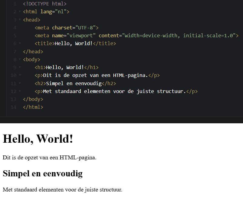 Codevoorbeeld van een HTML-pagina en hoe dat getoond wordt.