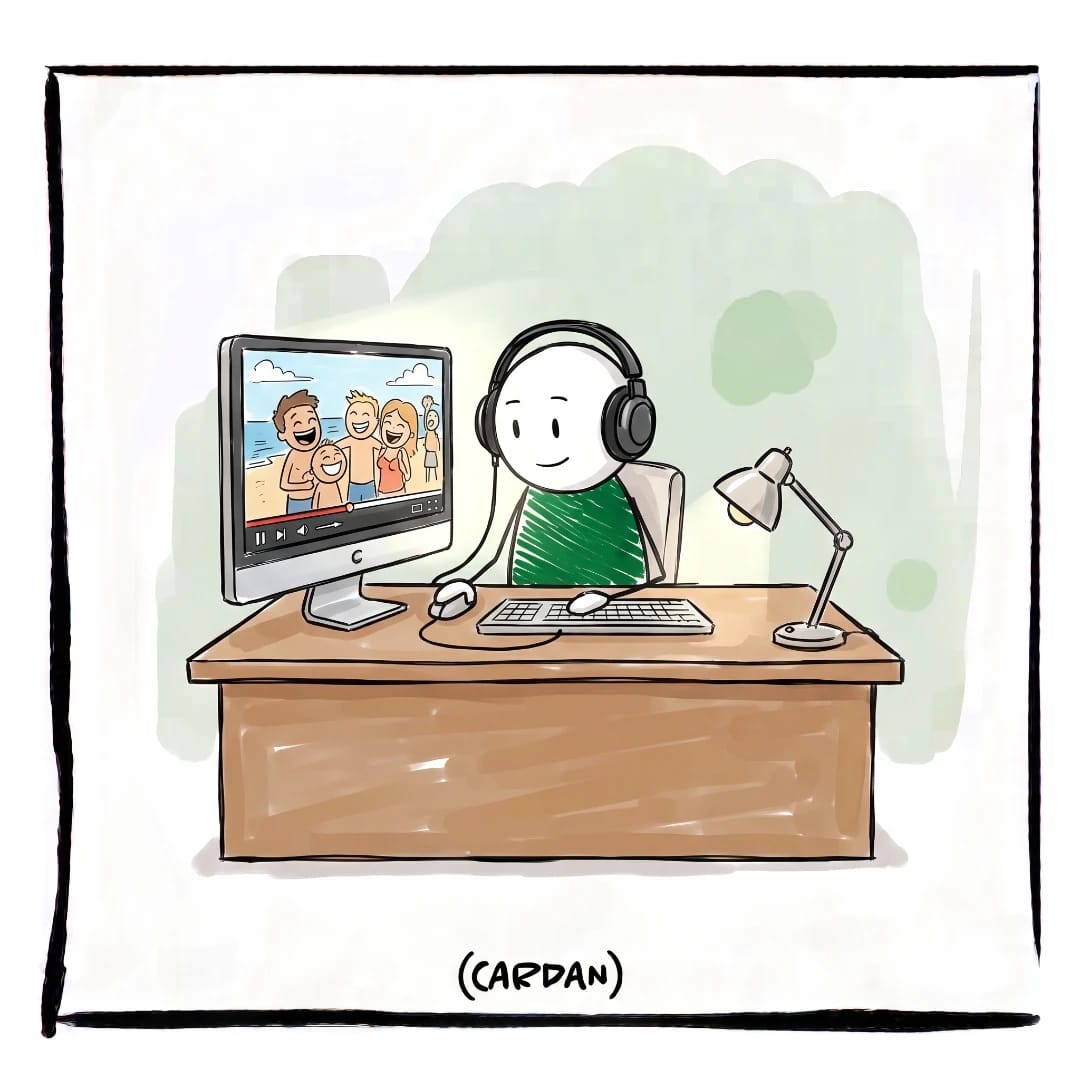 Mannetje kijkt naar desktop scherm naar een video met koptelefoon op